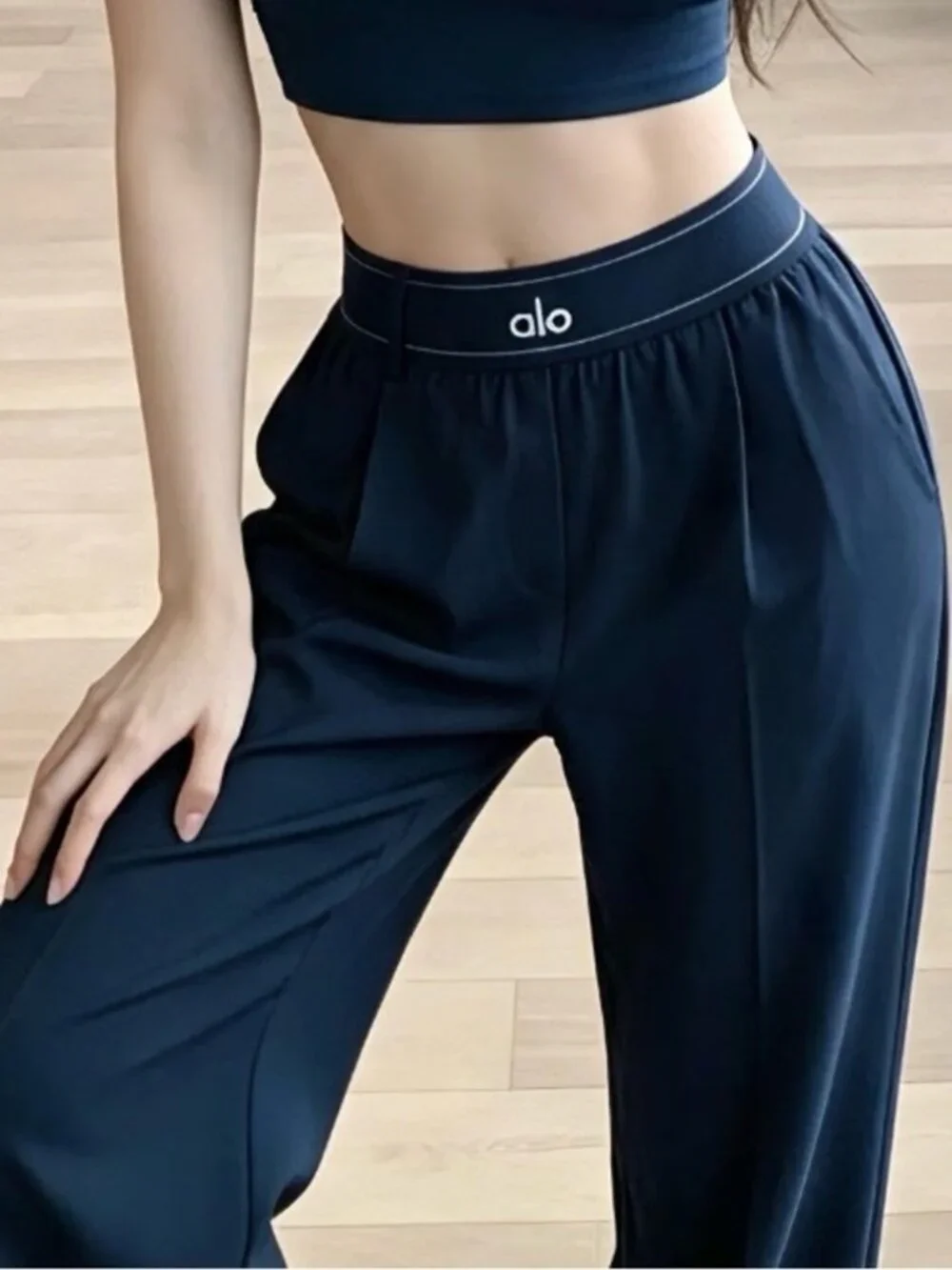 ALO Yoga Navy Wide-Leg Lounge Pants with Logo Waistband